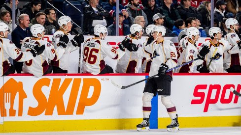 David Jiricek celebrates a goal with the Cleveland Monsters