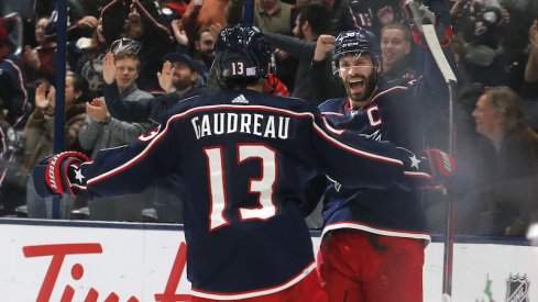 Columbus Blue Jackets' Boone Jenner celebrates his goal against the Vegas Golden Knights during the third period at Nationwide Arena.