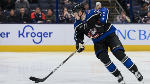 Columbus Blue Jackets' Patrik Laine skates with the puck against the Calgary Flames in the second period at Nationwide Arena.