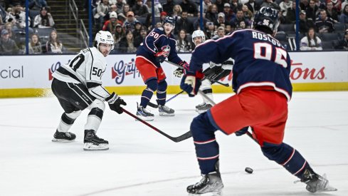 Jack Roslovic scores a shorthanded goal against the Los Angeles Kings