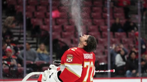 Florida Panthers' Sergei Bobrovsky sprays water from his mouth prior to the game against the Columbus Blue Jackets at FLA Live Arena.