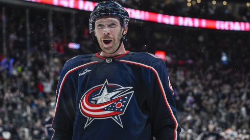 Columbus Blue Jackets' Vladislav Gavrikov celebrates a goal by Nick Blankenburg in the third period against the Philadelphia Flyers at Nationwide Arena.