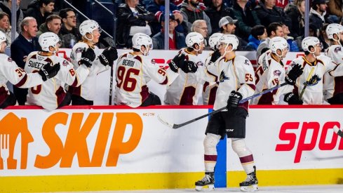 David Jiricek celebrates a goal with the Cleveland Monsters