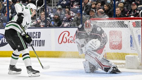 Columbus Blue Jackets' Daniil Tarasov makes a save against Dallas Stars' Roope Hintz in the second period at Nationwide Arena.
