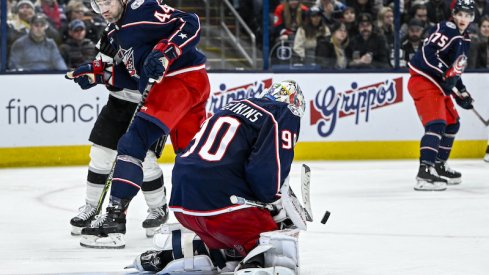 Columbus Blue Jackets' Elvis Merzlikins stops a shot in the third period against the Los Angeles Kings at Nationwide Arena.
