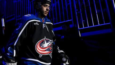 Columbus Blue Jackets' Johnny Gaudreau takes the ice prior to the game against the Calgary Flames at Nationwide Arena.