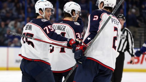 Columbus Blue Jackets defenseman Tim Berni is congratulated after he scored a goal against the Tampa Bay Lightning during the third period at Amalie Arena.