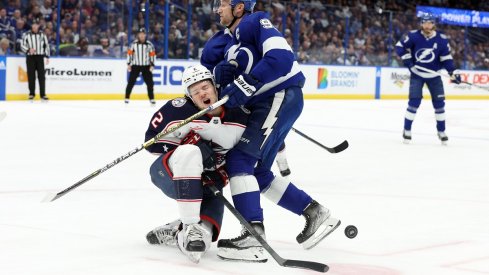 Andrew Peeke yells in pain after blocking a shot from Steven Stamkos 