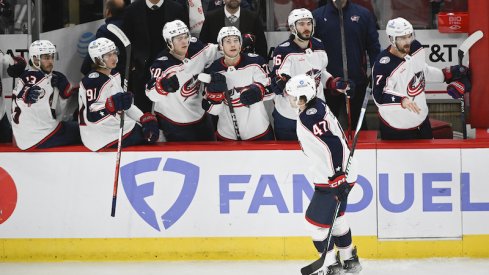 Columbus Blue Jackets' Marcus Bjork celebrates after he scores against the Chicago Blackhawks during the third period at the United Center.