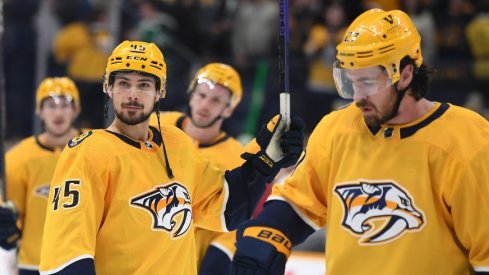 Surprisngly not an emo-band cover album, the Nashville Predators are seen here moments after scoring the game-winning goal in Monday's victory over the Calgary Flames.