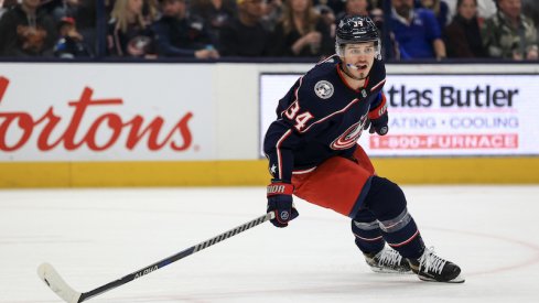 Columbus Blue Jackets' Cole Sillinger skates against the Tampa Bay Lightning in the second period at Nationwide Arena.