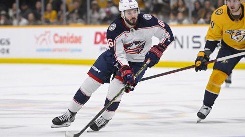 Columbus Blue Jackets' Kirill Marchenko skates against the Nashville Predators during the second period at Bridgestone Arena.