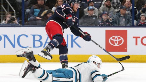 Gustav Nyquist scores a goal against the San Jose Sharks.