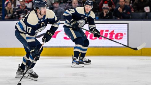 Columbus Blue Jackets' Marcus Bjork shoots the puck in the first period against the Florida Panthers at Nationwide Arena.