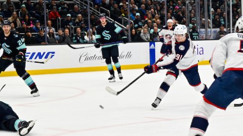 Kent Johnson scores a goal against the Seattle Kraken.