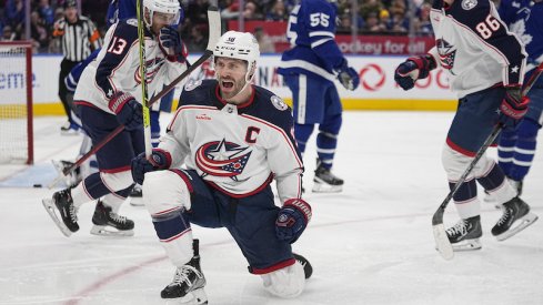 Columbus Blue Jackets' Boone Jenner celebrates his goal against the Toronto Maple Leafs during the second period at Scotiabank Arena.