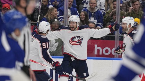 Sean Kuraly celebrates after scoring a goal agains the Toronto Maple Leafs.