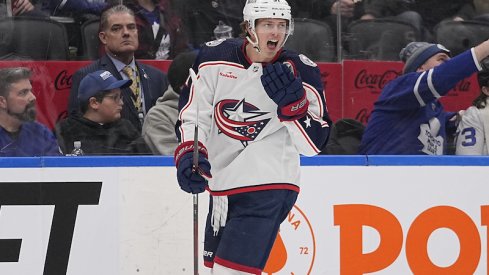 Columbus Blue Jackets' Kent Johnson reacts after scoring against the Toronto Maple Leafs during the third period at Scotiabank Arena.