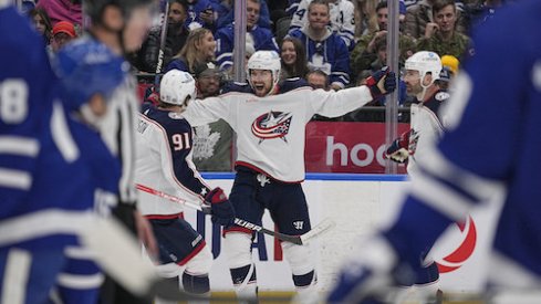 Sean Kuraly celebrates after scoring a goal agains the Toronto Maple Leafs.