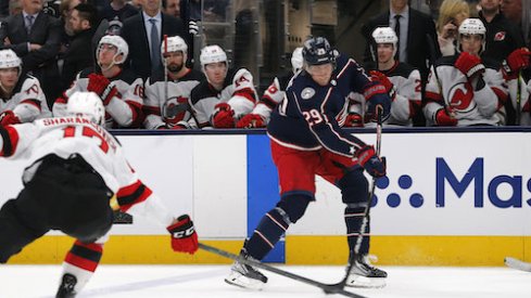 Patrik Laine takes a shot in the Blue Jackets vs. Devils game.