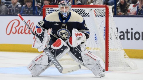 Columbus Blue Jackets' Elvis Merzlikins defends the net against the Anaheim Ducks in the second period at Nationwide Arena.