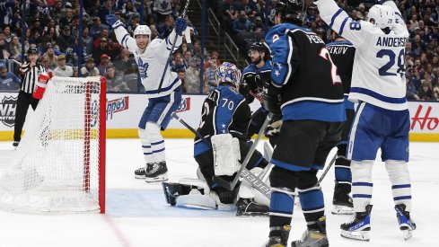 Toronto Maple Leafs left wing Pierre Engvall celebrates his goal against the Columbus Blue Jackets