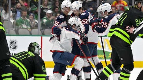 Liam Foudy celebrates after scoring his first-career regular-season goal against the Dallas Stars.