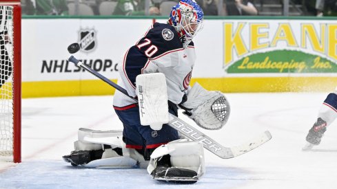 Columbus Blue Jackets' Joonas Korpisalo turns aside a Dallas Stars shot during the second period at the American Airlines Center.