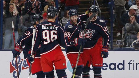 Boone Jenner celebrates his goal against the Edmonton Oilers