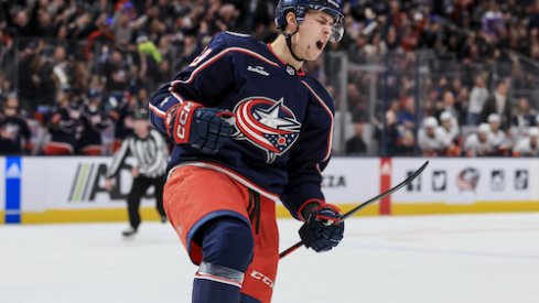 Yegor Chinakhov scores after scoring a goal in the Islanders vs. Blue Jackets game.