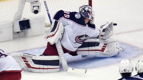 Columbus Blue Jackets' Joonas Korpisalo defends the goal against the Tampa Bay Lightning during the first period in game five of the first round of the 2020 Stanley Cup Playoffs at Scotiabank Arena.