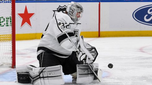 Jonathan Quick makes a save in the Kings vs. Islanders game.