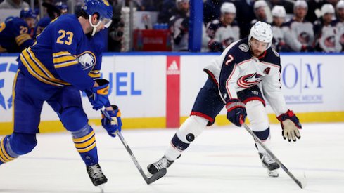 Sean Kuraly blocks a pass in the Blue Jackets vs. Sabres game.