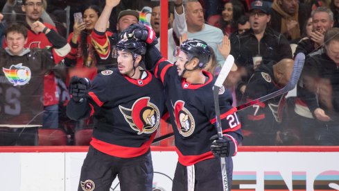 Ottawa Senators' Travis Hamonic celebrates with Mathieu Joseph his goal scored in the first period against the Columbus Blue Jackets at the Canadian Tire Centre.