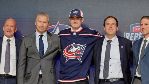 David Jiricek after being selected as the number six overall pick to the Columbus Blue Jackets in the first round of the 2022 NHL Draft at Bell Centre.