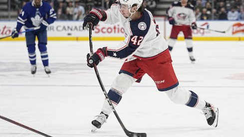 Alexandre Texier takes a shot in the Blue Jackets vs. Maple Leafs game.