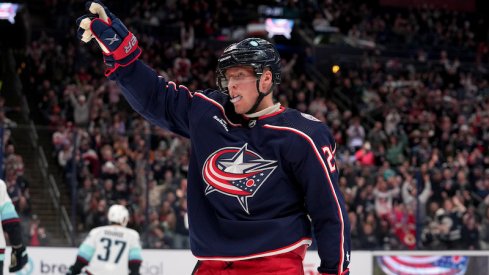 Columbus Blue Jackets' Patrik Laine reacts to scoring a goal during the second period against the Seattle Kraken at Nationwide Arena.