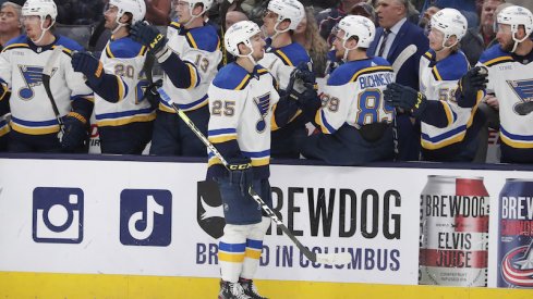St. Louis Blues' Jordan Kyrou celebrates his goal against the Columbus Blue Jackets during the first period at Nationwide Arena.