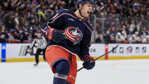 Columbus Blue Jackets' Yegor Chinakhov yells as he celebrates scoring a power play goal against the New York Islanders in the second period at Nationwide Arena.