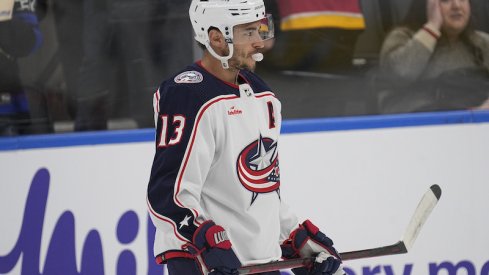 Columbus Blue Jackets' Johnny Gaudreau blows a bubble during the warm-up before a game against the Toronto Maple Leafs at Scotiabank Arena.