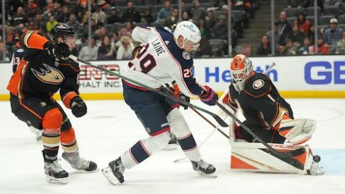 Patrik Laine scores a goal in the Blue Jackets vs. Ducks game.