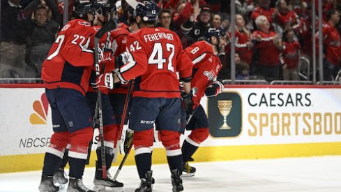 Alex Ovechkin celebrates after scoring a goal in the Blue Jackets vs. Capitals game.