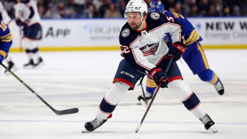 Columbus Blue Jackets' Emil Bemstrom looks to make a pass during the first period against the Buffalo Sabres at KeyBank Center.