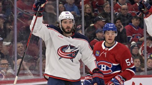 Columbus Blue Jackets' Kirill Marchenko celebrates after scoring a goal against the Montreal Canadiens during the first period at the Bell Centre.