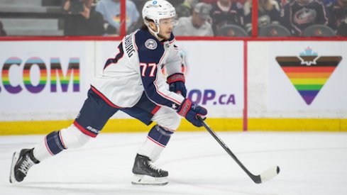 Nick Blankenburg skates with the puck in the Blue Jackets vs. Senators game.