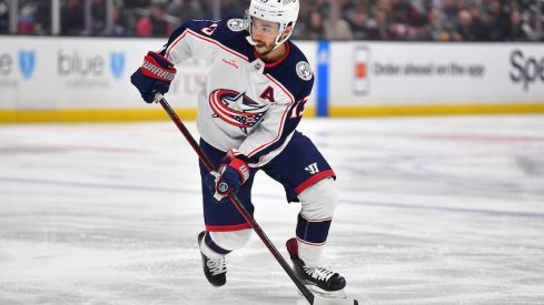 Columbus Blue Jackets' Johnny Gaudreau moves the puck against the Los Angeles Kings during the first period at Crypto.com Arena.