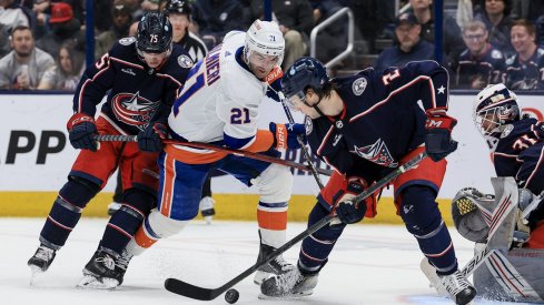 Tim Berni and Andrew Peeke battle against Kyle Palmieri 