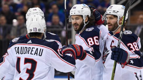 Kirill Marchenko celebrates after scoring his 20th goal of the season in the Blue Jackets vs. Rangers game.