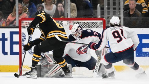 Boston Bruins' David Pastrnak scores a goal on Columbus Blue Jackets' Michael Hutchinson during overtime at the TD Garden.
