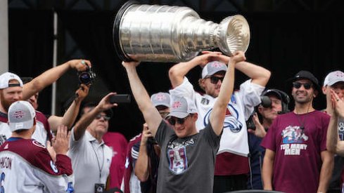Colorado Avalanche defenseman Cale Makar (8) during the Stanley Cup Championship Celebration. Mandatory Credit: Ron Chenoy-USA TODAY Sports